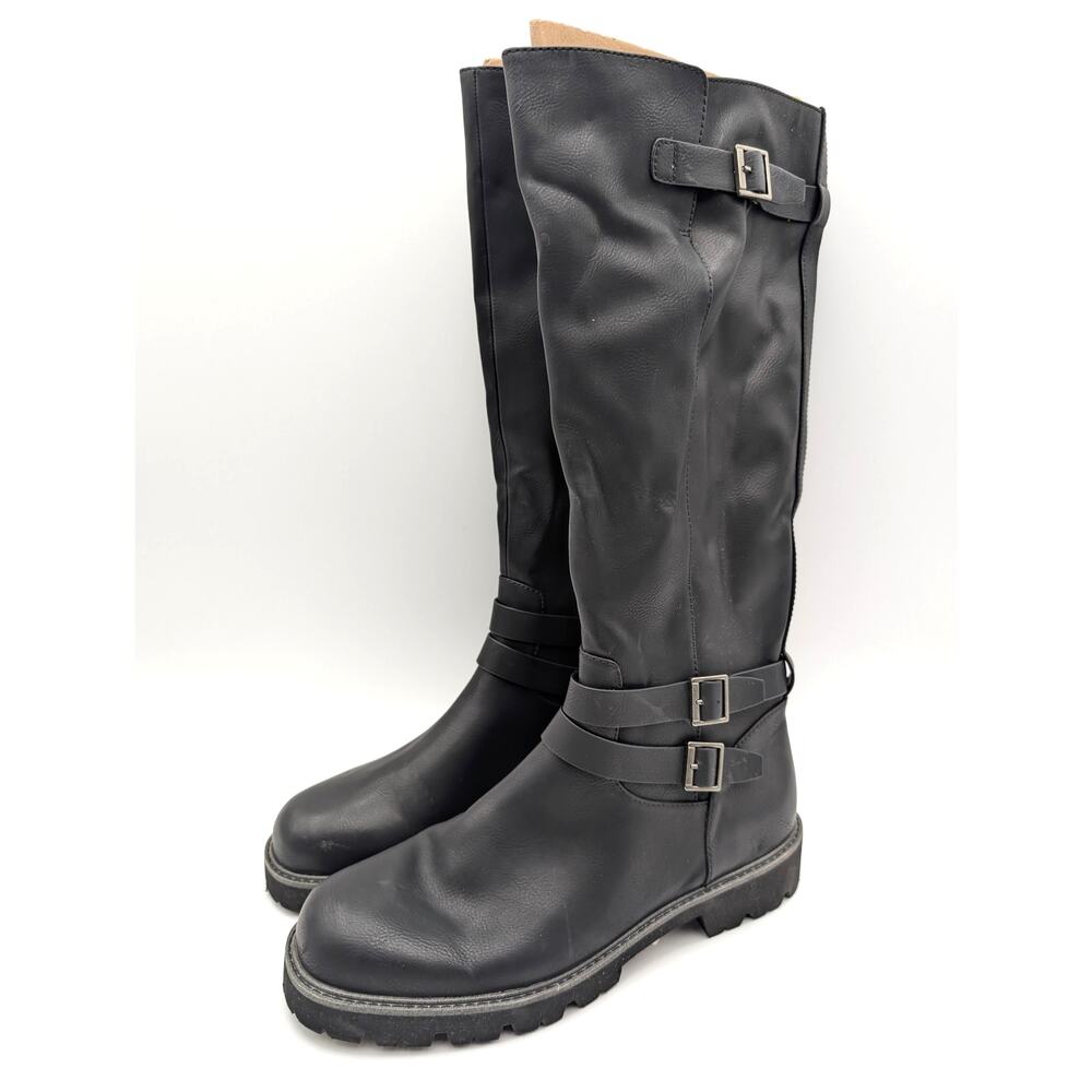 Korks Fay Knee High Riding Boots Buckle Strap Women's Black Size US10M EU40.5